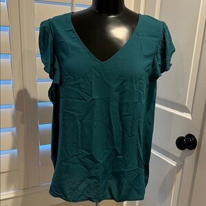 Teal V-Neck Ruffle Sleeve Women's Top